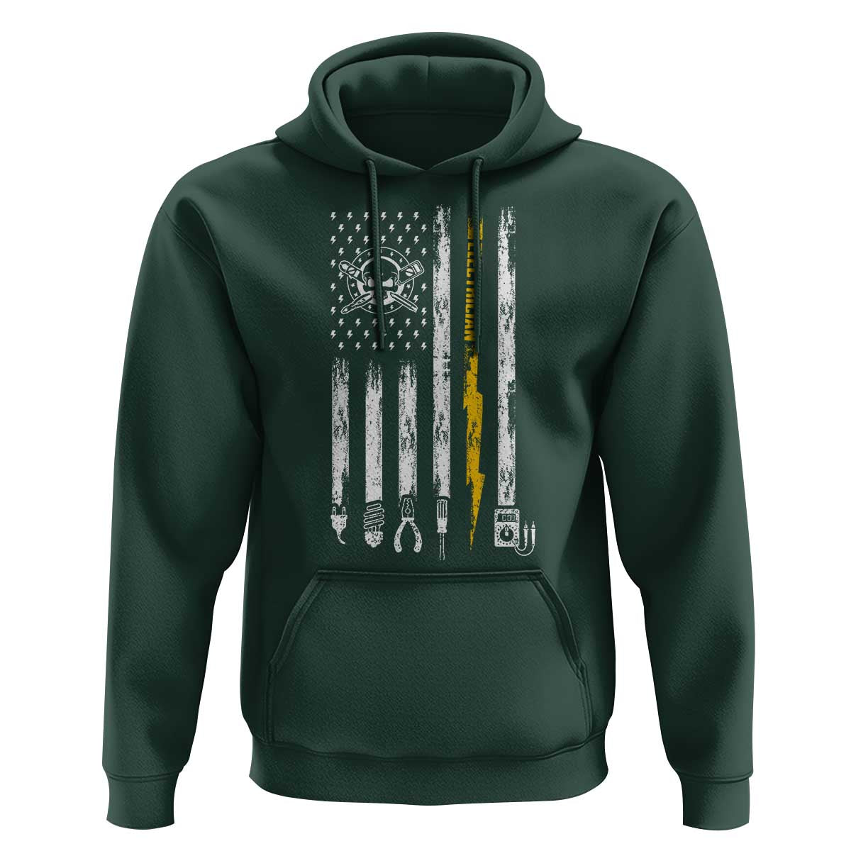 Electrician US Flag Hoodie Tools for Electricians Skull Lightning Graphic