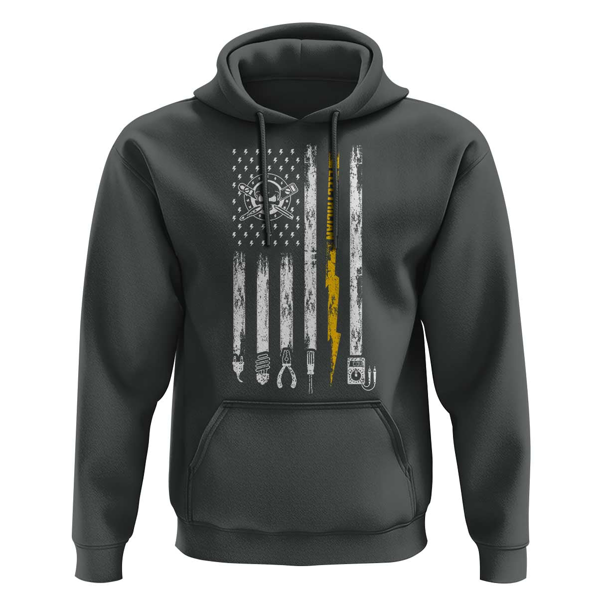 Electrician US Flag Hoodie Tools for Electricians Skull Lightning Graphic