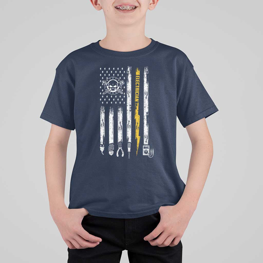 Electrician US Flag T Shirt For Kid Tools for Electricians Skull Lightning Graphic