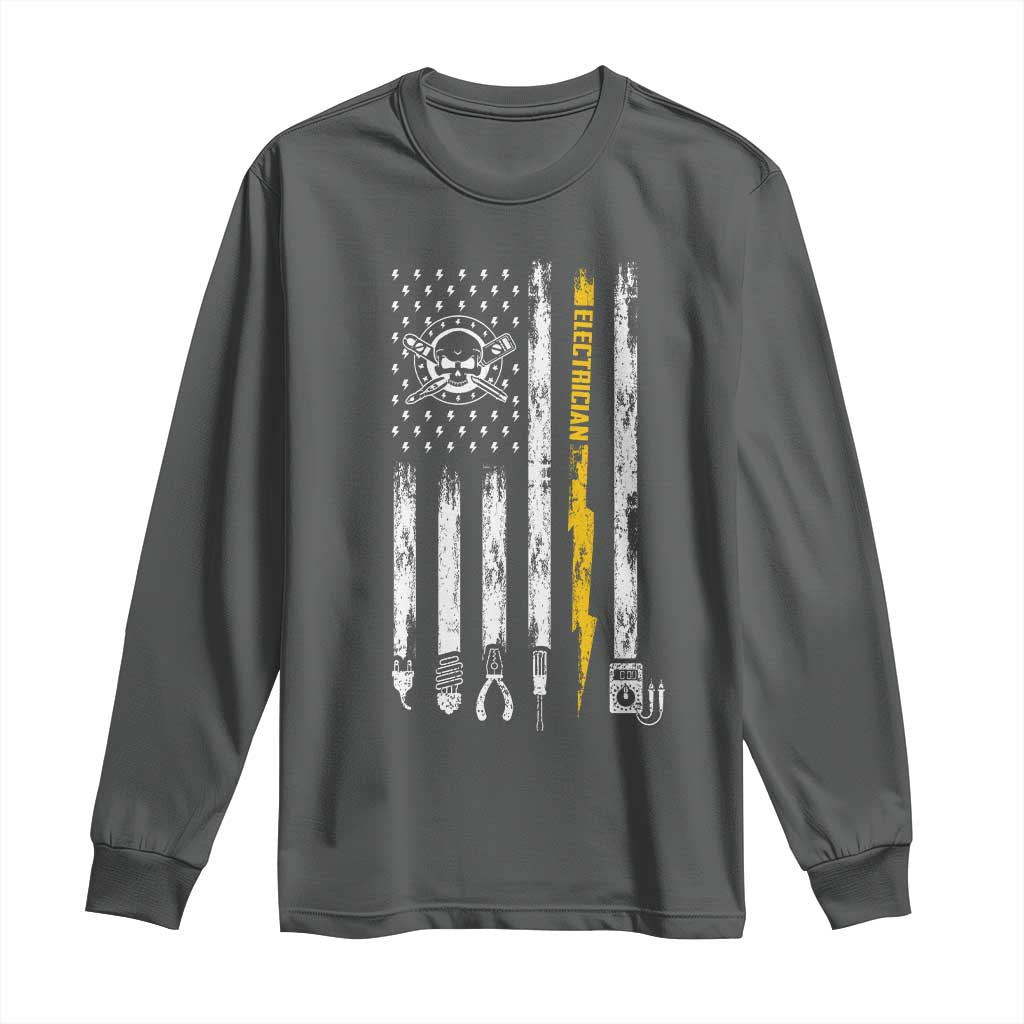 Electrician US Flag Long Sleeve Shirt Tools for Electricians Skull Lightning Graphic