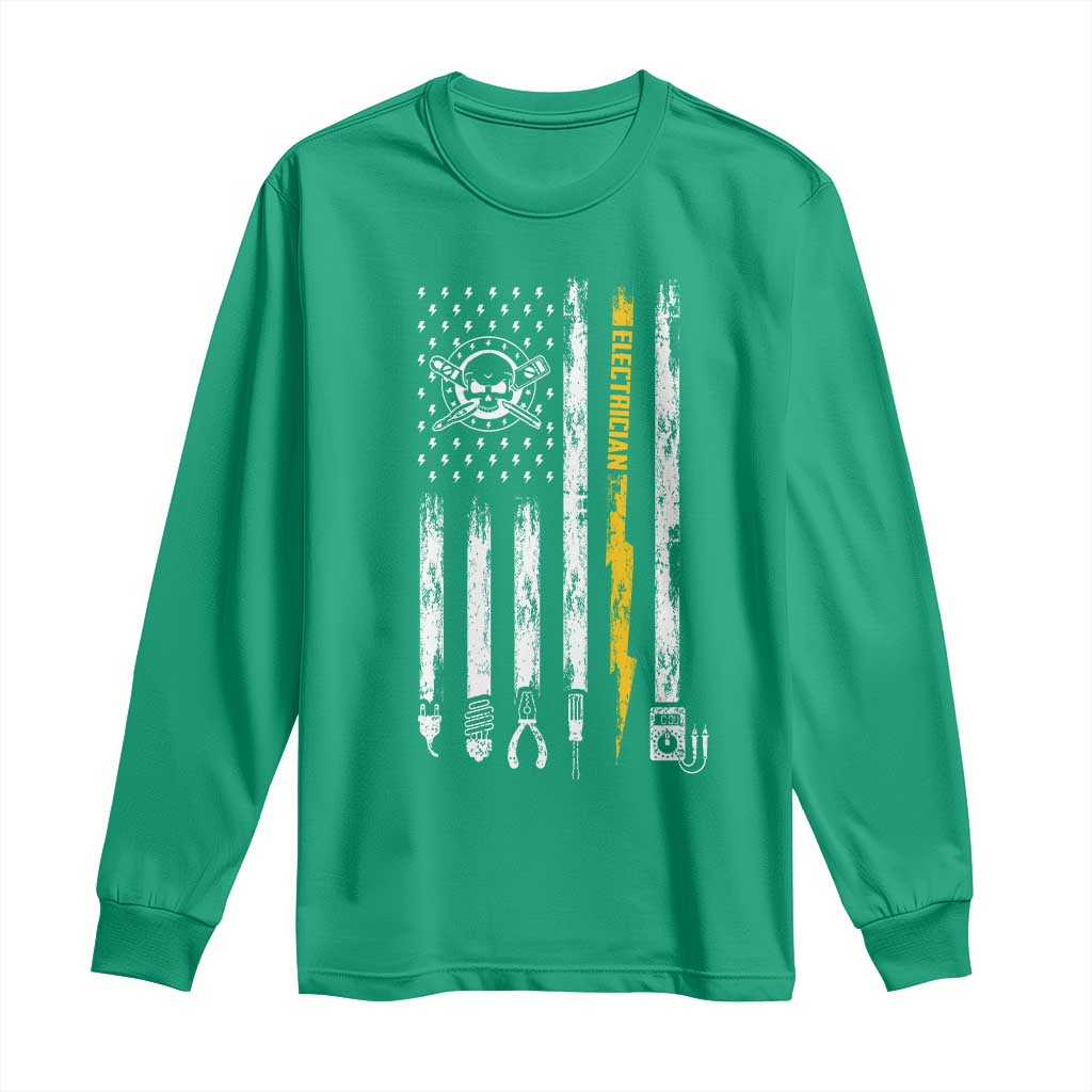 Electrician US Flag Long Sleeve Shirt Tools for Electricians Skull Lightning Graphic