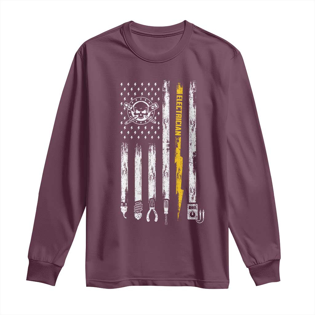 Electrician US Flag Long Sleeve Shirt Tools for Electricians Skull Lightning Graphic
