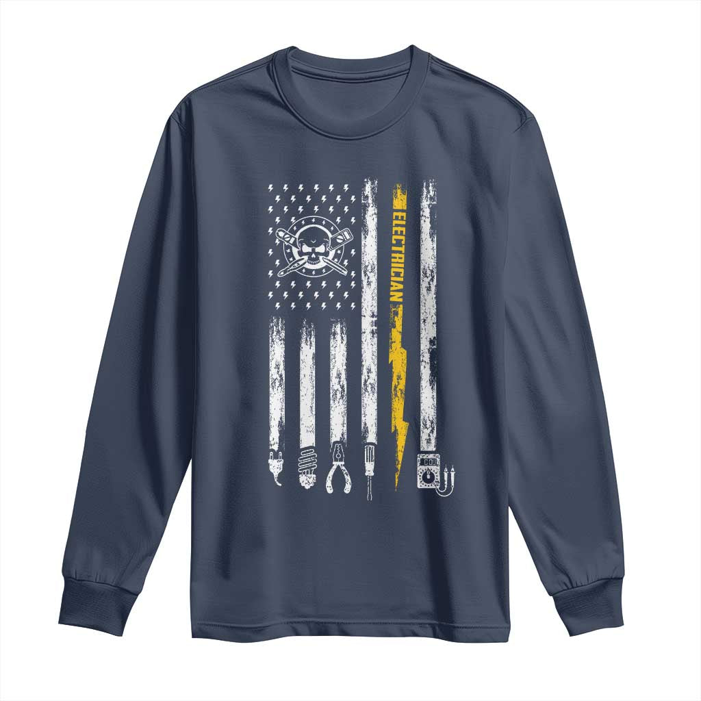 Electrician US Flag Long Sleeve Shirt Tools for Electricians Skull Lightning Graphic