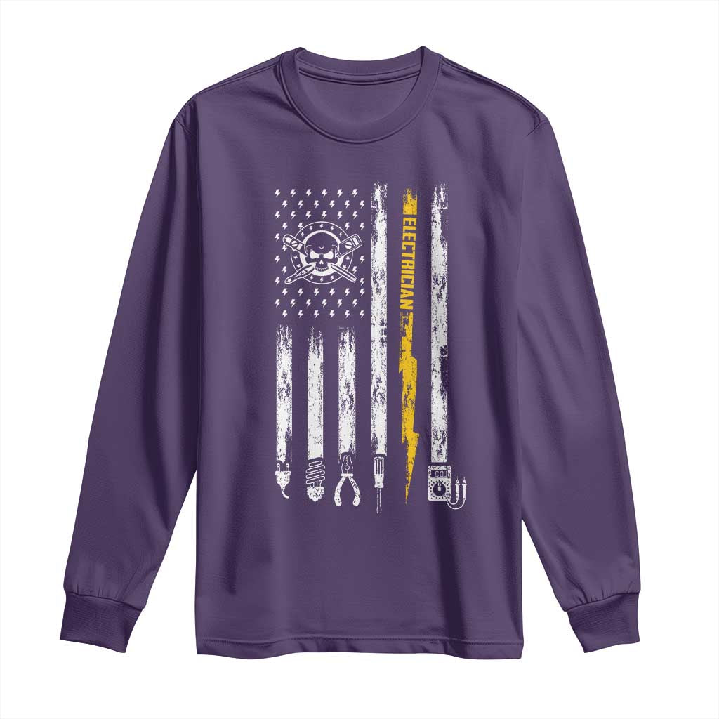 Electrician US Flag Long Sleeve Shirt Tools for Electricians Skull Lightning Graphic