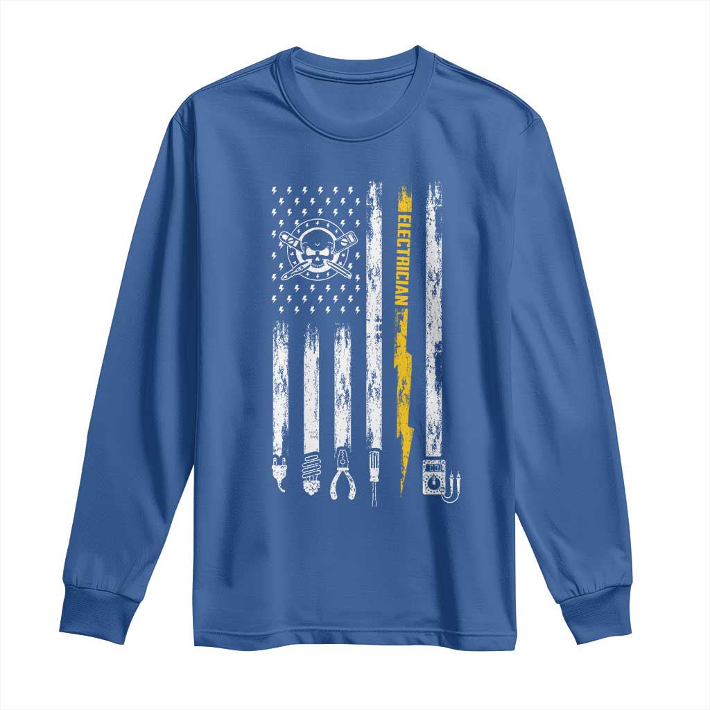 Electrician US Flag Long Sleeve Shirt Tools for Electricians Skull Lightning Graphic