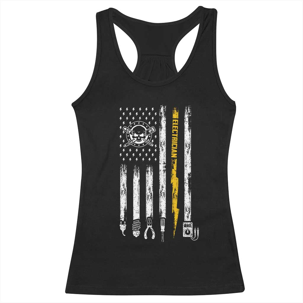 Electrician US Flag Racerback Tank Top Tools for Electricians Skull Lightning Graphic