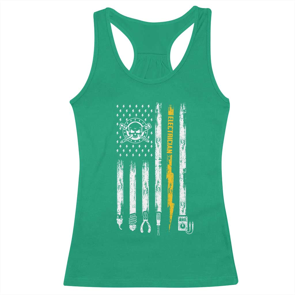 Electrician US Flag Racerback Tank Top Tools for Electricians Skull Lightning Graphic