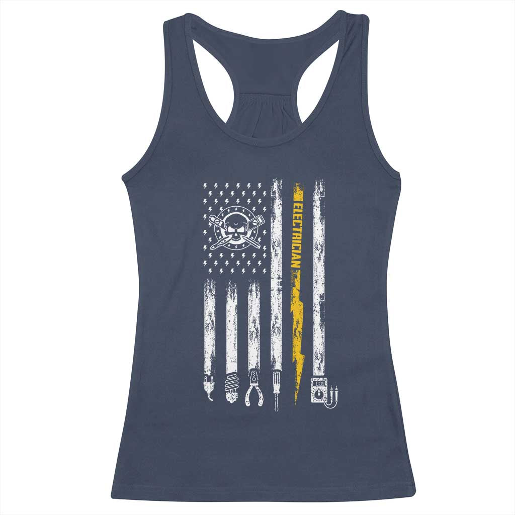Electrician US Flag Racerback Tank Top Tools for Electricians Skull Lightning Graphic