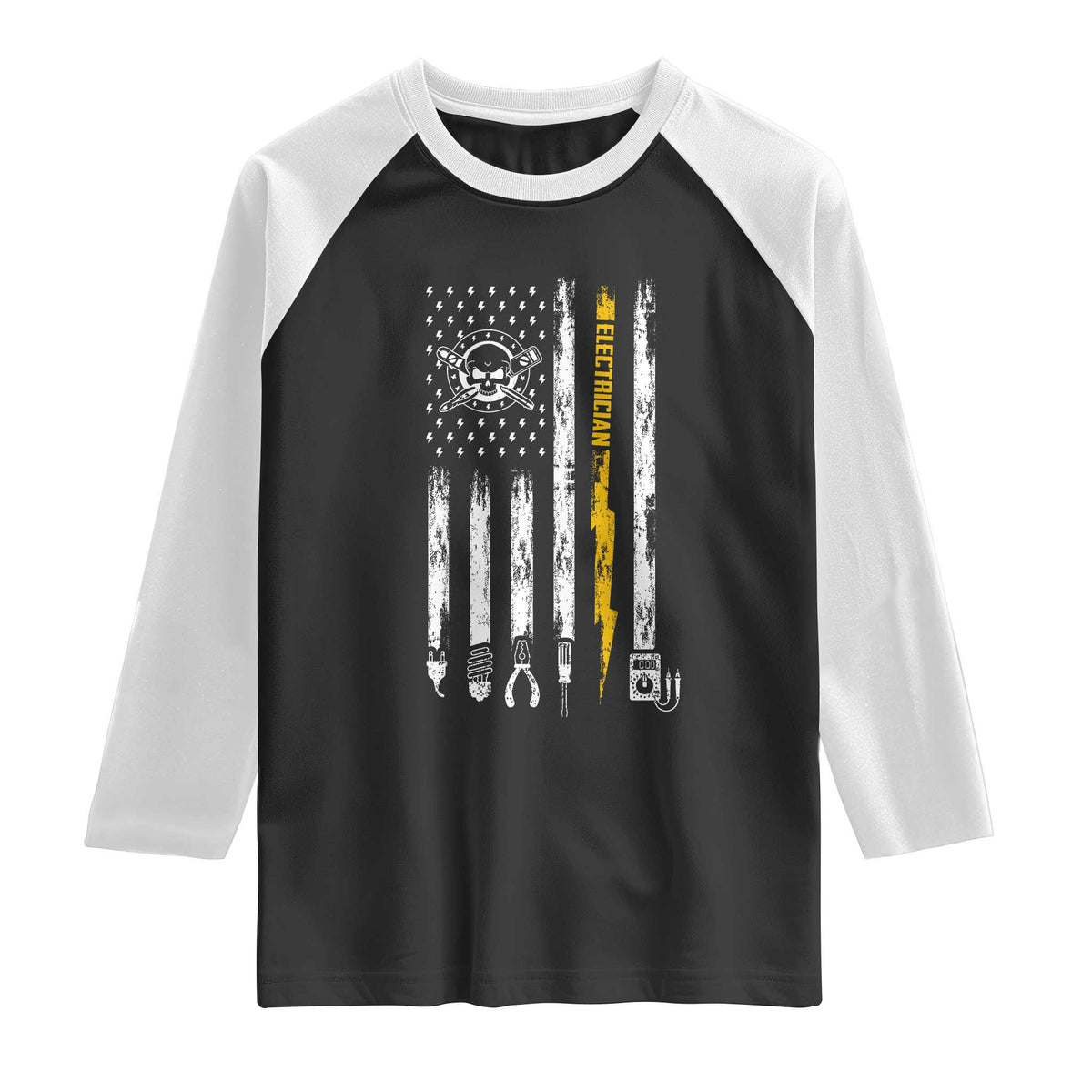 Electrician US Flag Raglan Shirt Tools for Electricians Skull Lightning Graphic