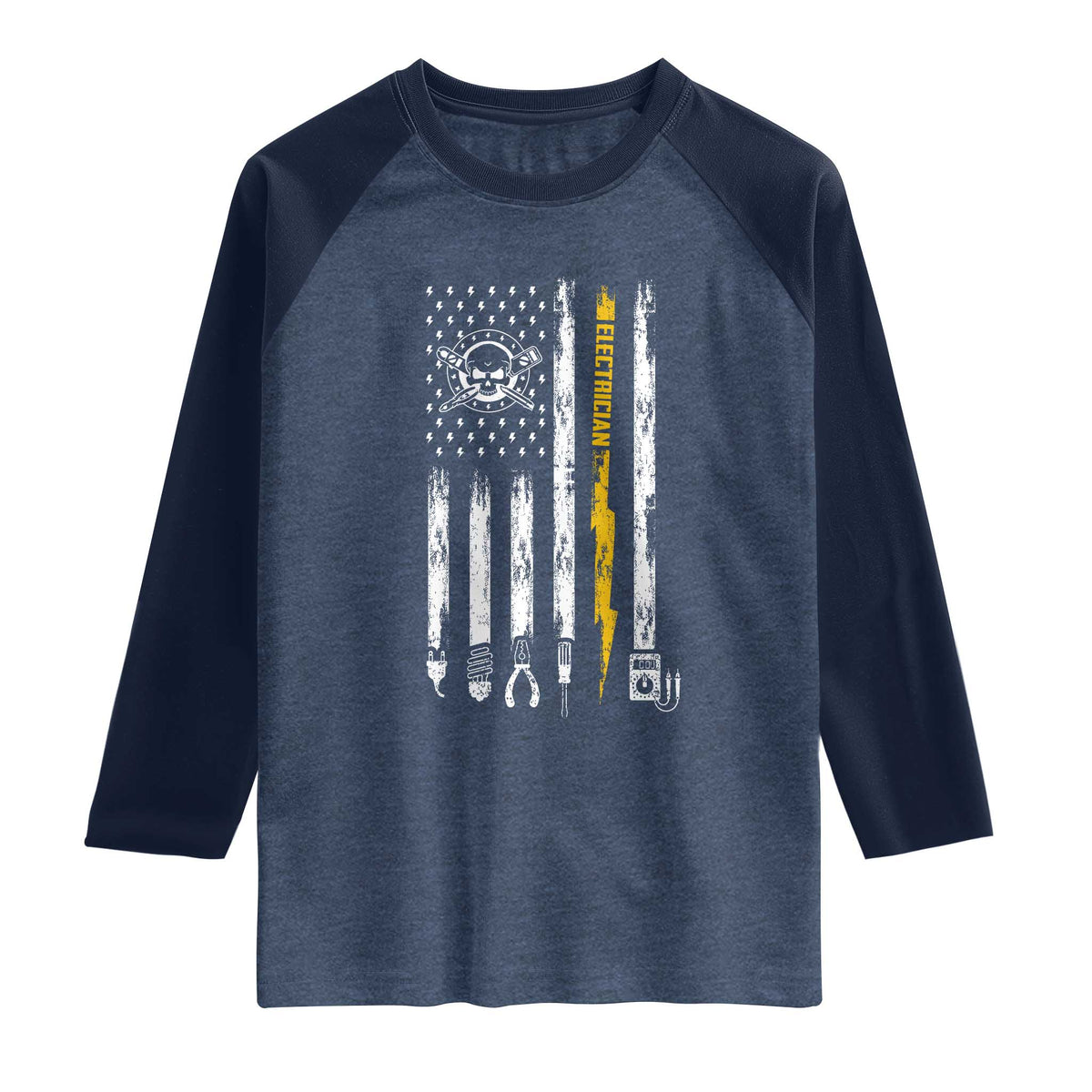 Electrician US Flag Raglan Shirt Tools for Electricians Skull Lightning Graphic