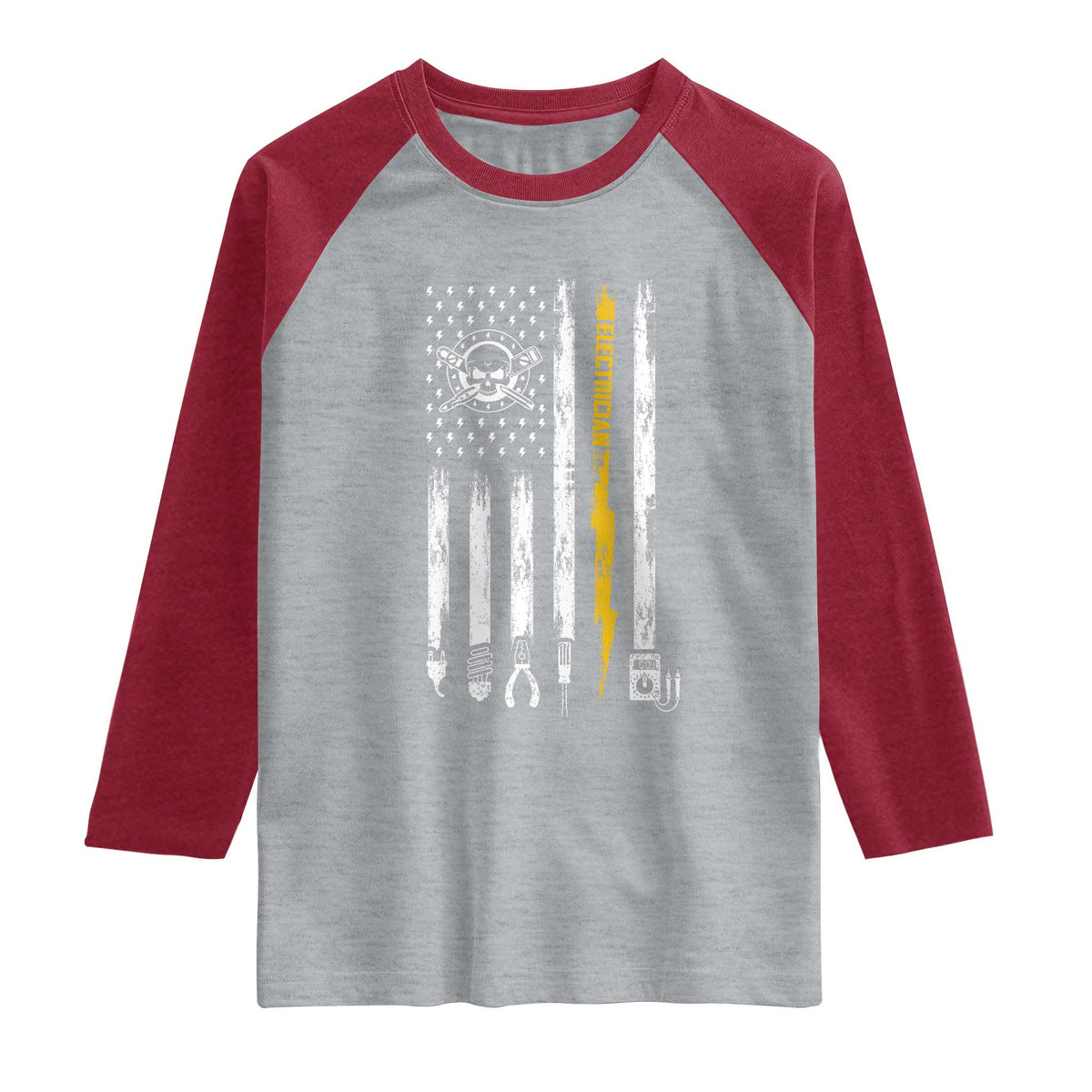 Electrician US Flag Raglan Shirt Tools for Electricians Skull Lightning Graphic