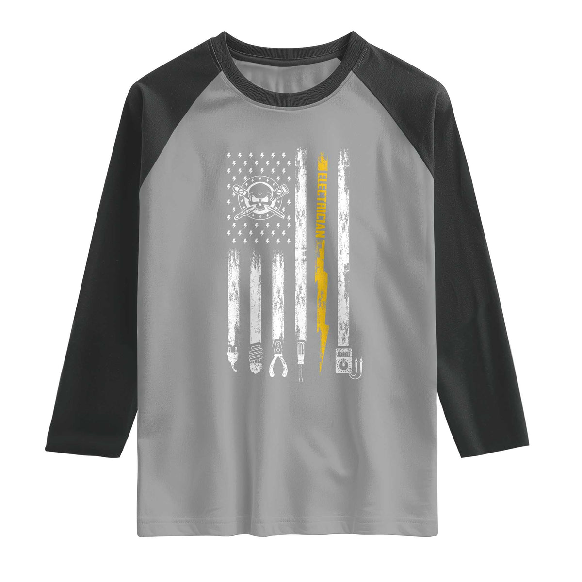 Electrician US Flag Raglan Shirt Tools for Electricians Skull Lightning Graphic