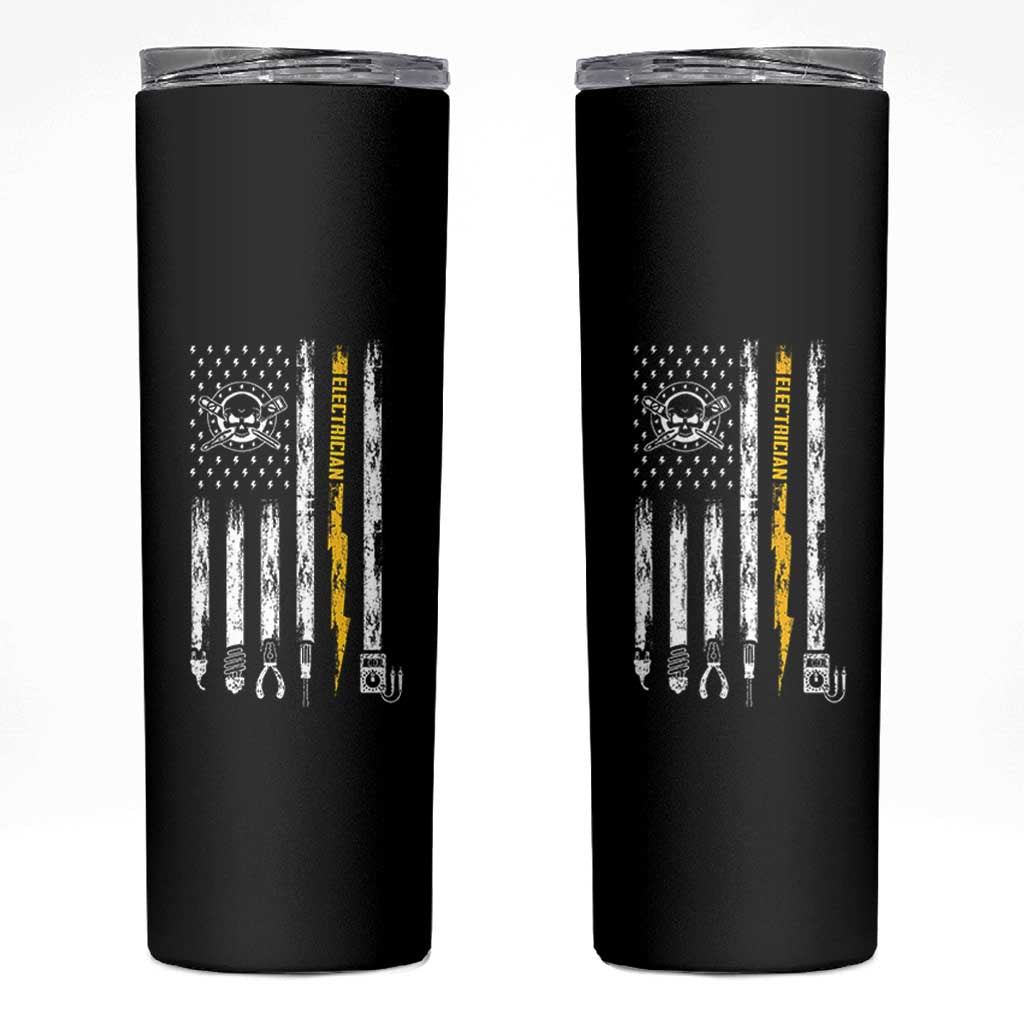 Electrician US Flag Skinny Tumbler Tools for Electricians Skull Lightning Graphic