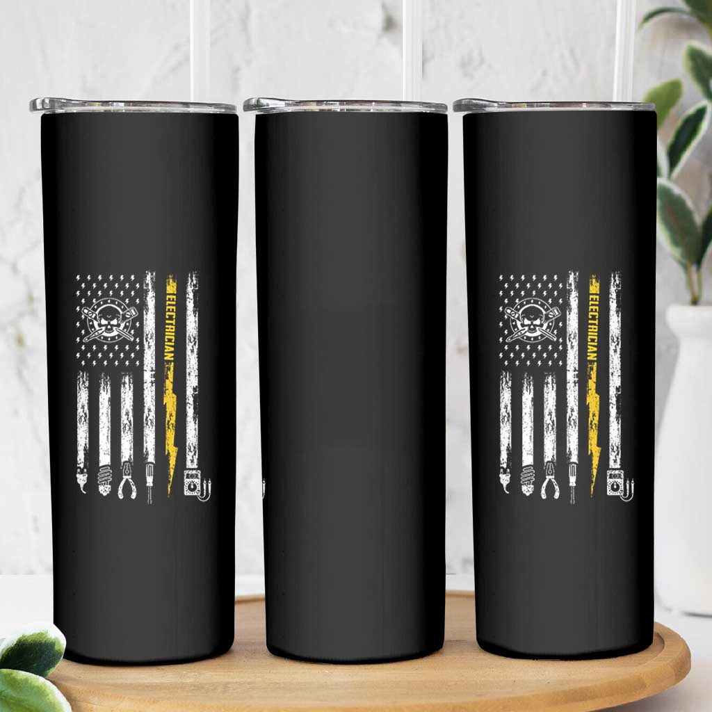 Electrician US Flag Skinny Tumbler Tools for Electricians Skull Lightning Graphic