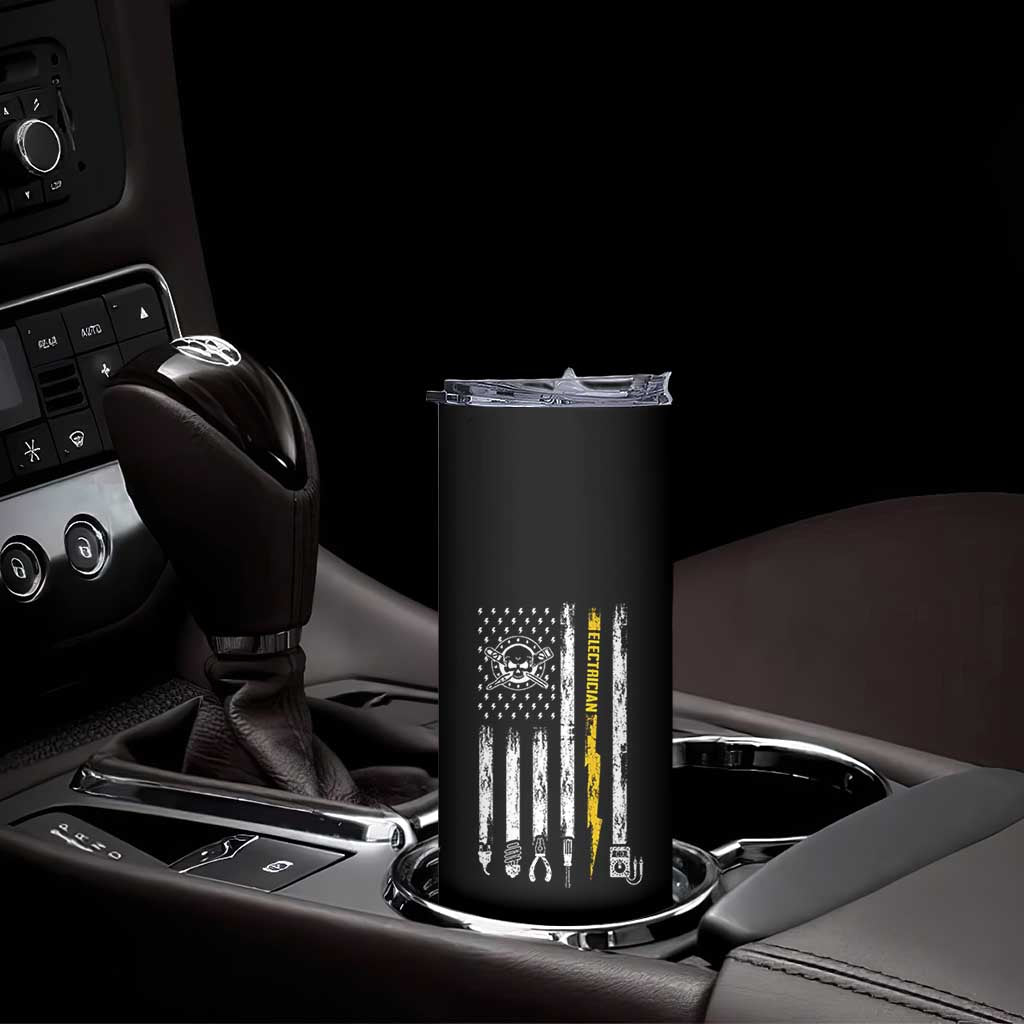 Electrician US Flag Skinny Tumbler Tools for Electricians Skull Lightning Graphic