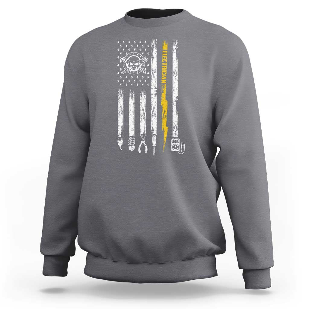 Electrician US Flag Sweatshirt Tools for Electricians Skull Lightning Graphic