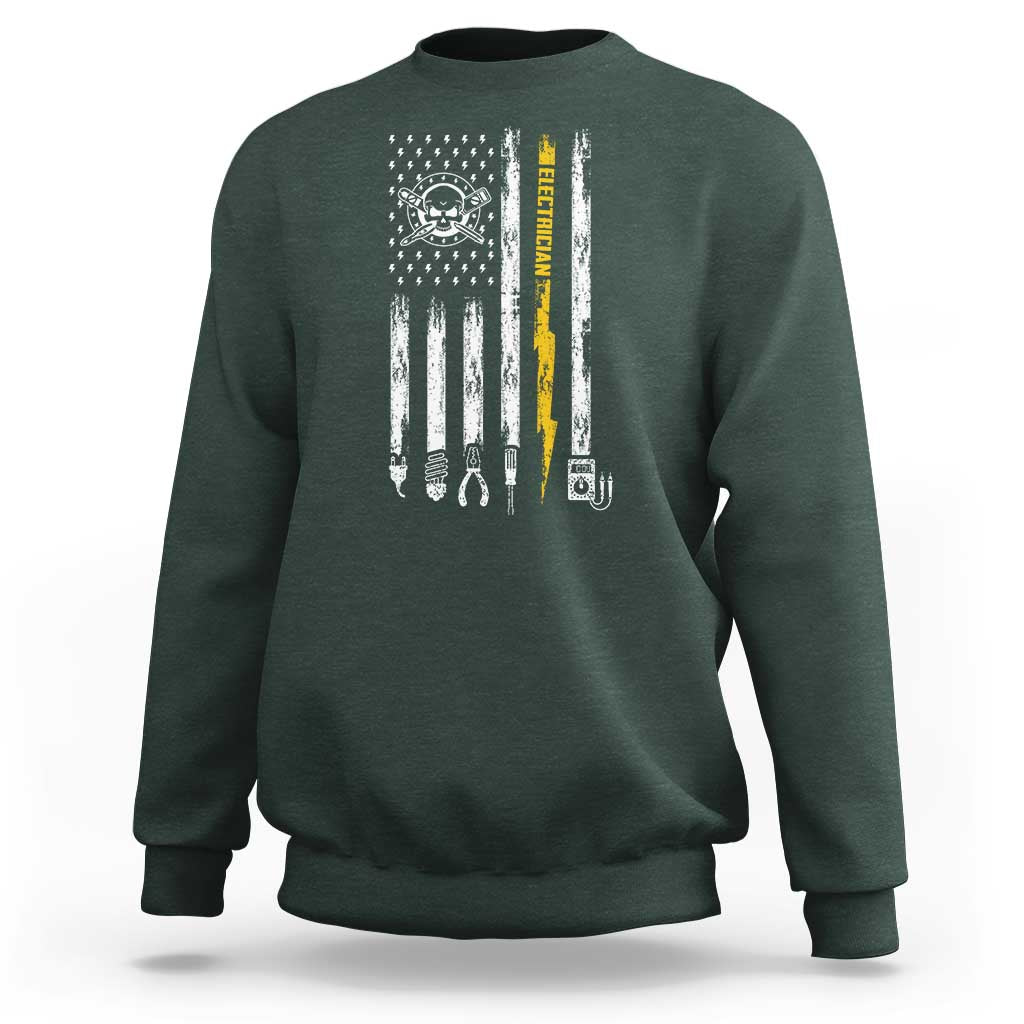 Electrician US Flag Sweatshirt Tools for Electricians Skull Lightning Graphic