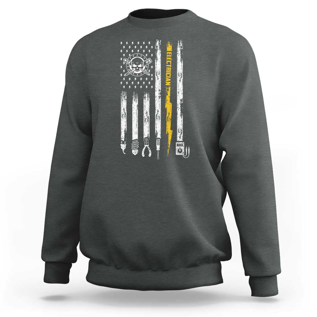 Electrician US Flag Sweatshirt Tools for Electricians Skull Lightning Graphic