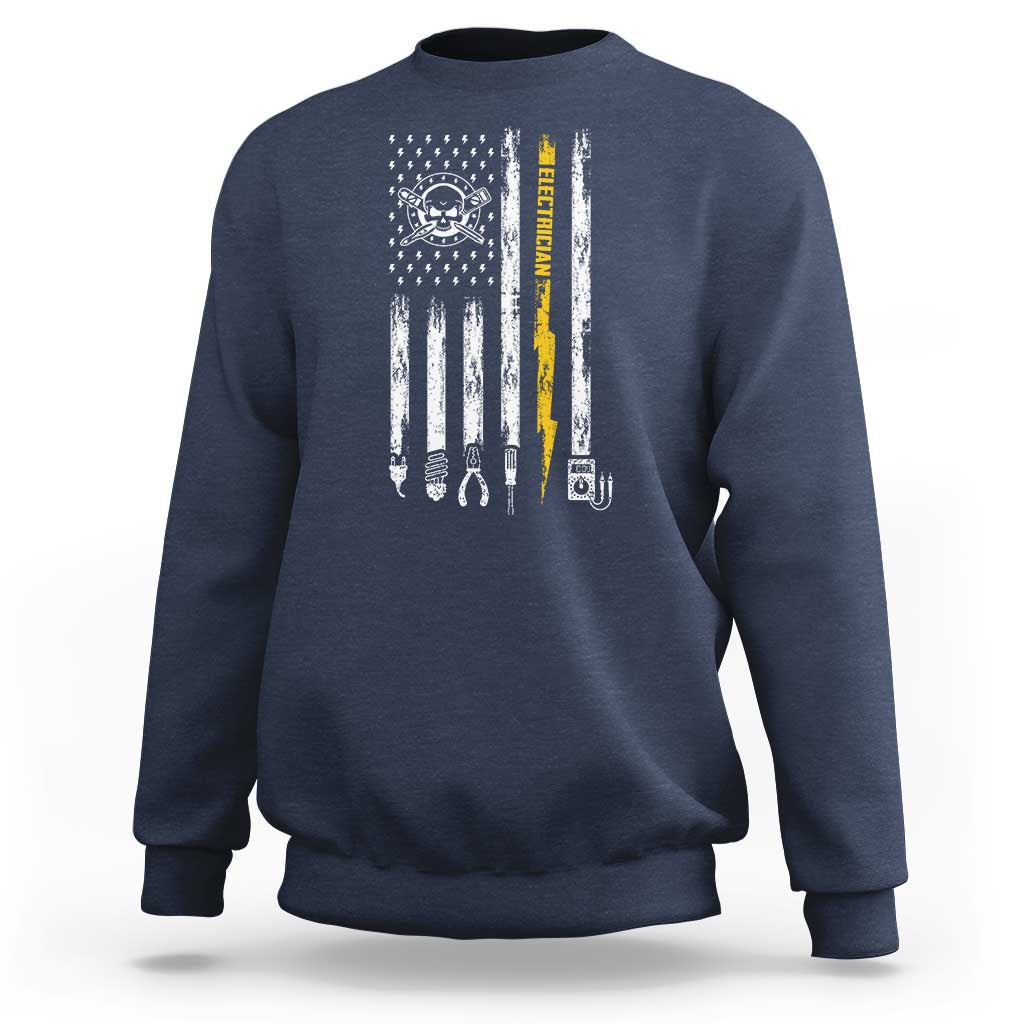 Electrician US Flag Sweatshirt Tools for Electricians Skull Lightning Graphic