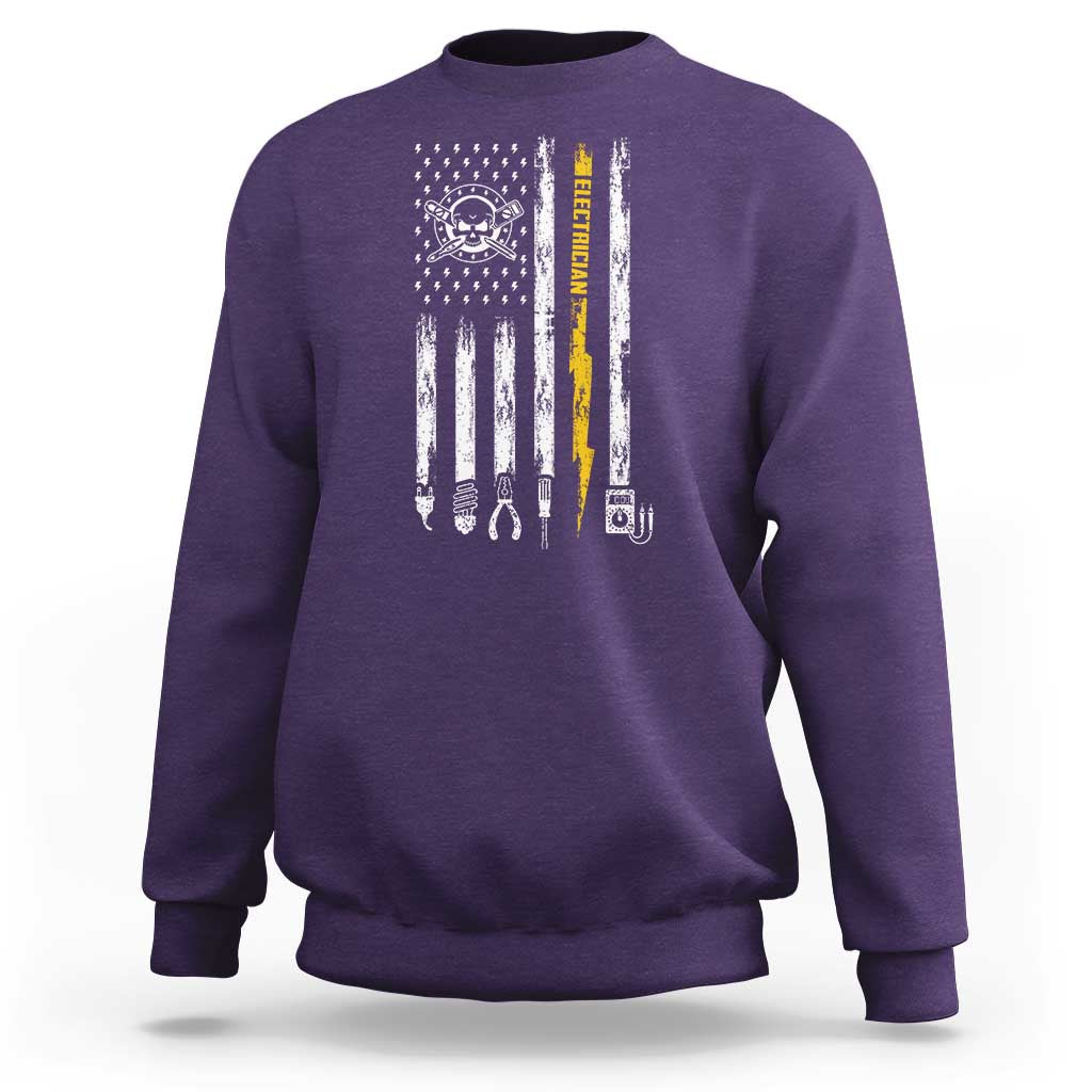 Electrician US Flag Sweatshirt Tools for Electricians Skull Lightning Graphic