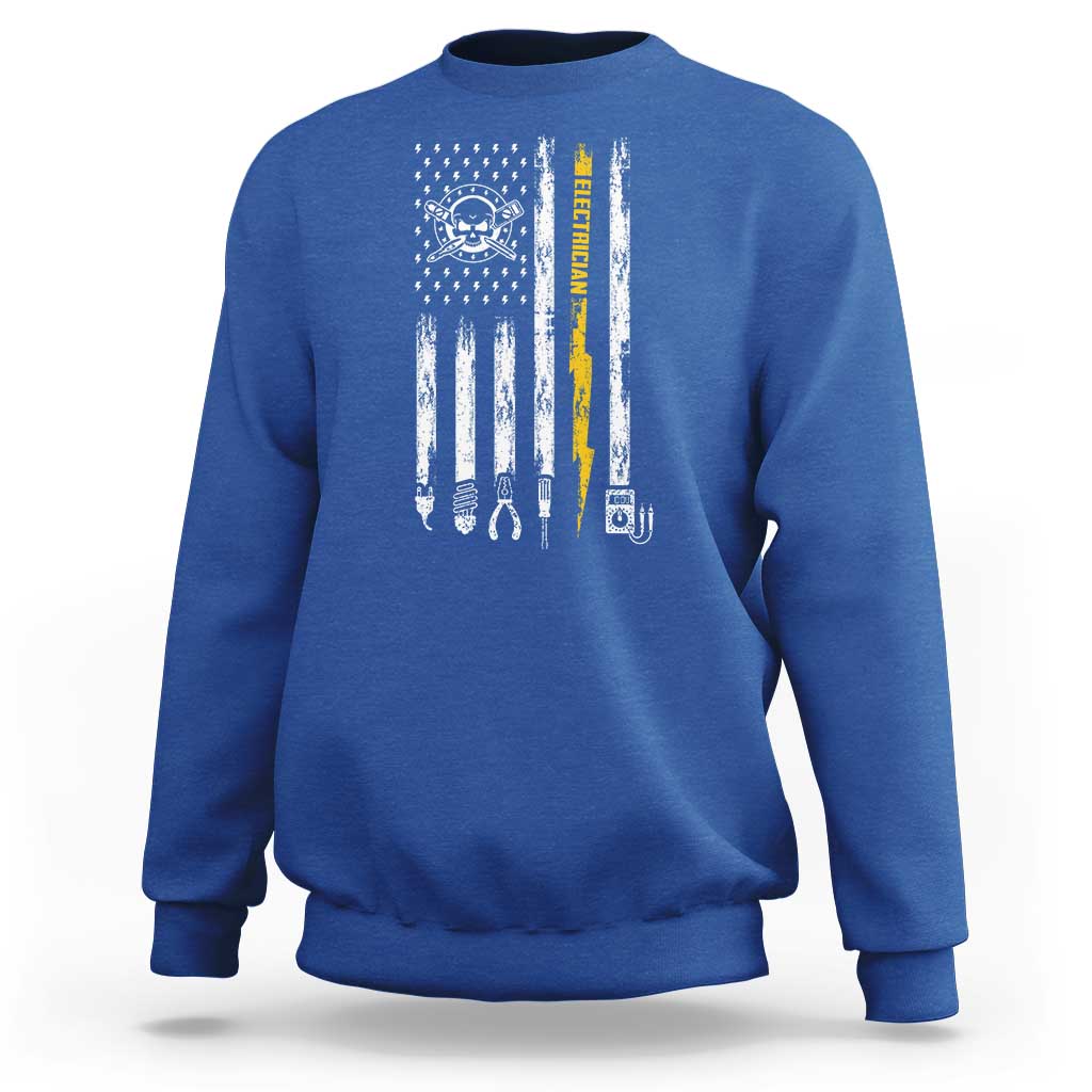 Electrician US Flag Sweatshirt Tools for Electricians Skull Lightning Graphic