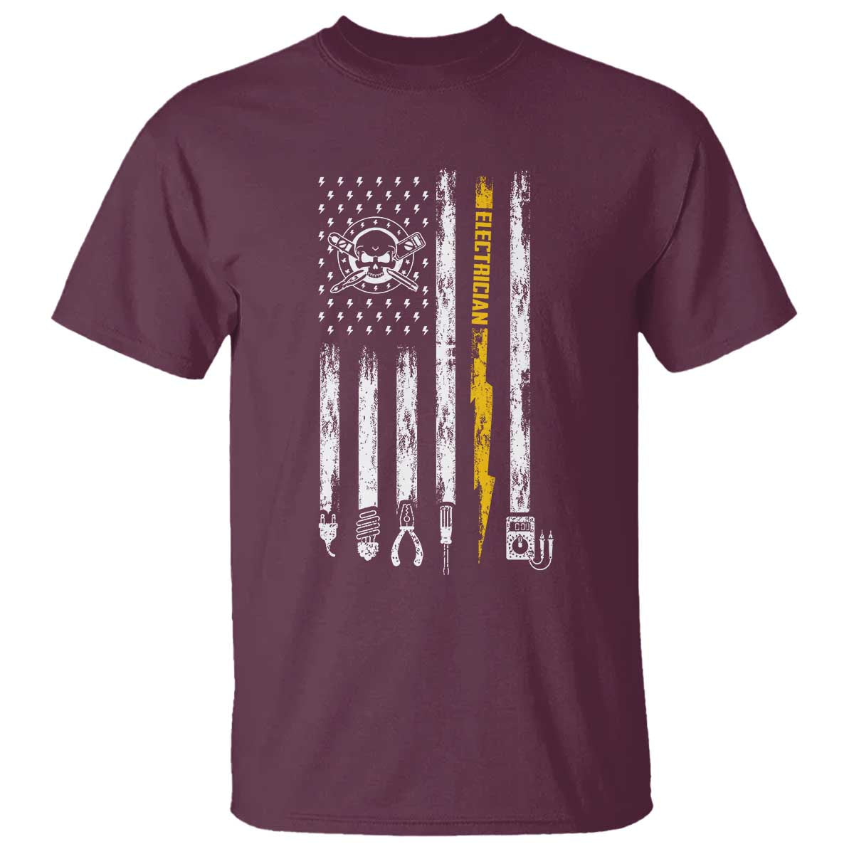 Electrician US Flag T Shirt Tools for Electricians Skull Lightning Graphic