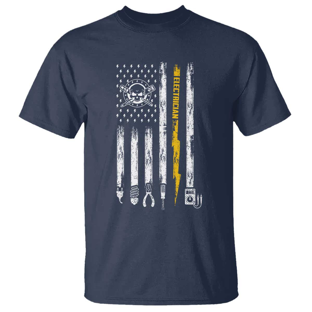 Electrician US Flag T Shirt Tools for Electricians Skull Lightning Graphic