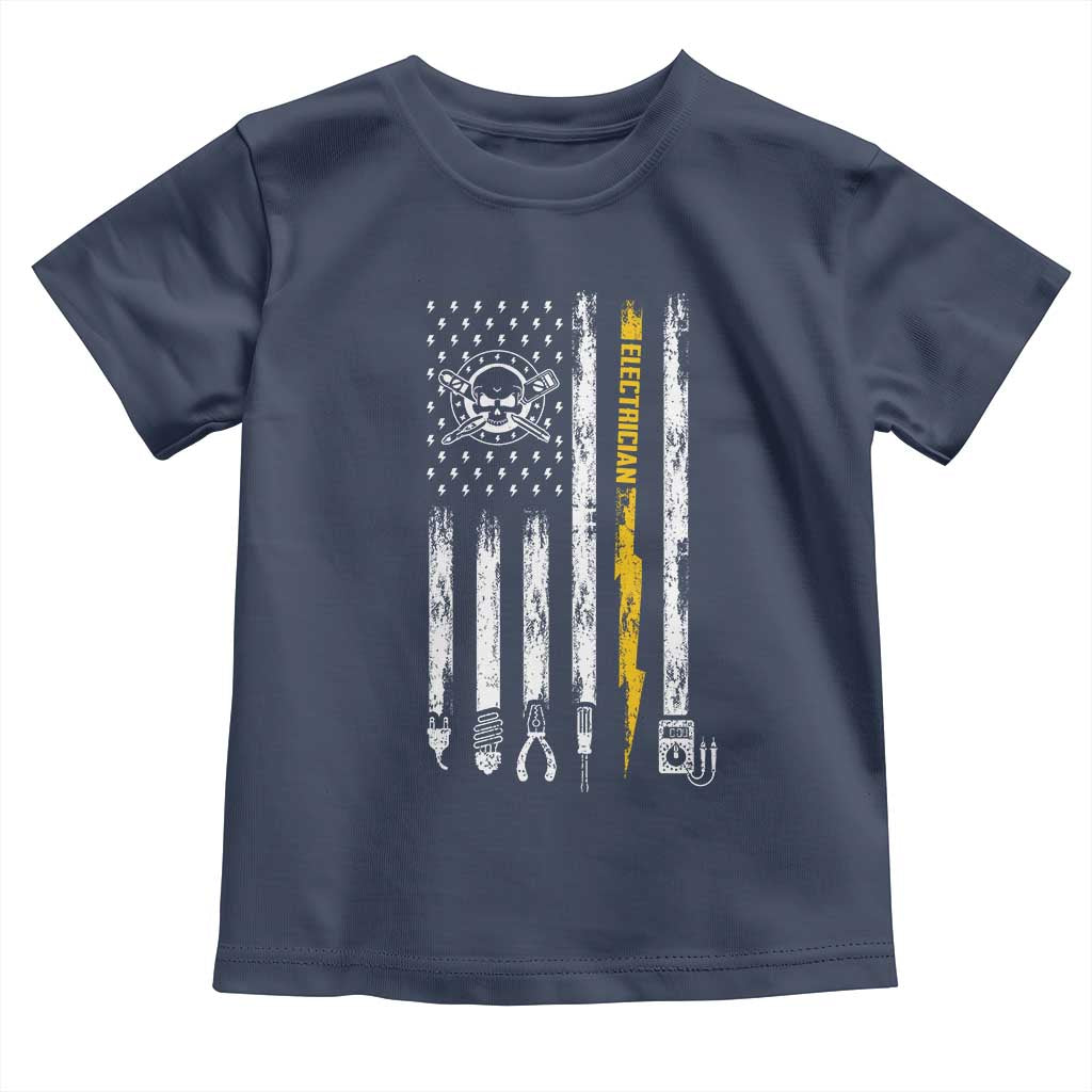 Electrician US Flag Toddler T Shirt Tools for Electricians Skull Lightning Graphic