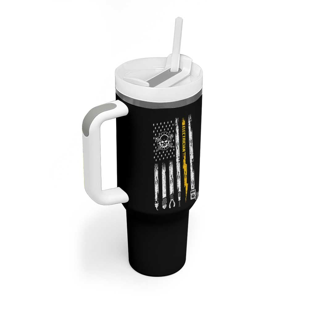 Electrician US Flag Tumbler With Handle Tools for Electricians Skull Lightning Graphic