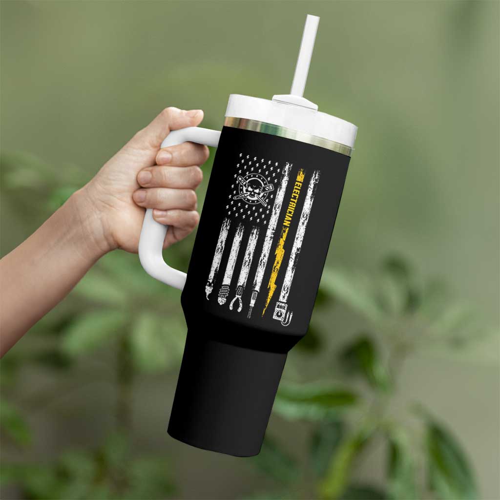 Electrician US Flag Tumbler With Handle Tools for Electricians Skull Lightning Graphic