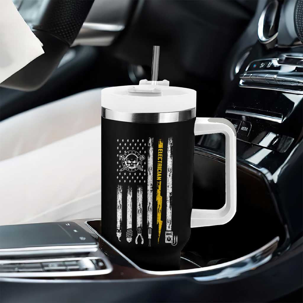 Electrician US Flag Tumbler With Handle Tools for Electricians Skull Lightning Graphic