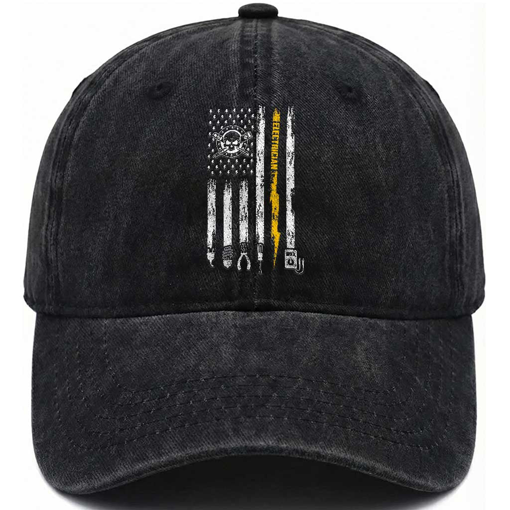 Electrician US Flag Washed Cotton Baseball Cap Tools for Electricians Skull Lightning Graphic