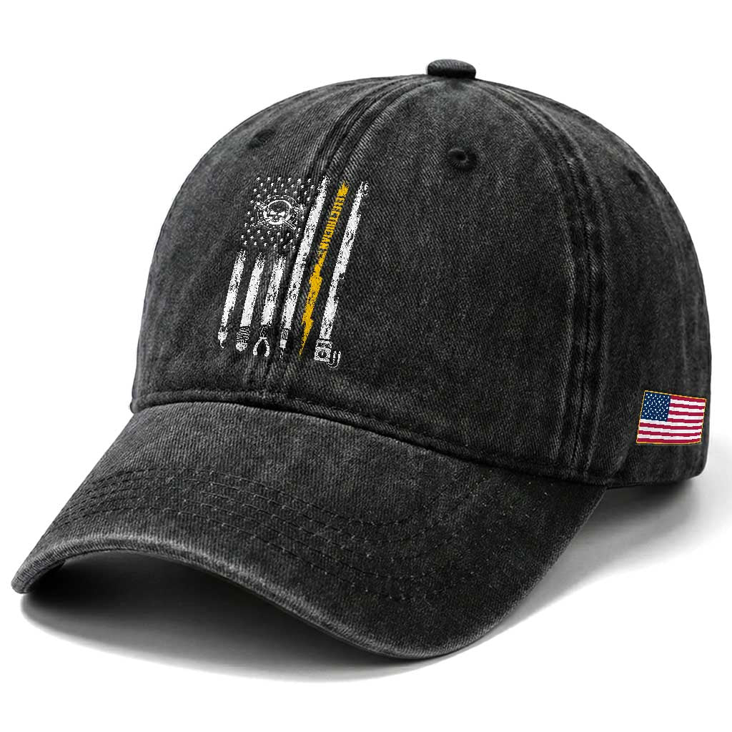 Electrician US Flag Washed Cotton Baseball Cap Tools for Electricians Skull Lightning Graphic