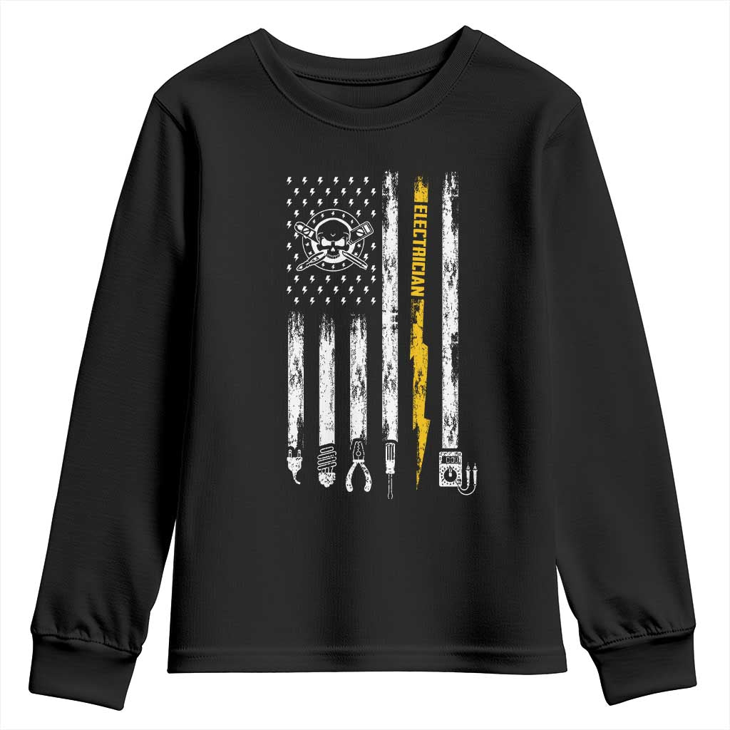 Electrician US Flag Youth Sweatshirt Tools for Electricians Skull Lightning Graphic