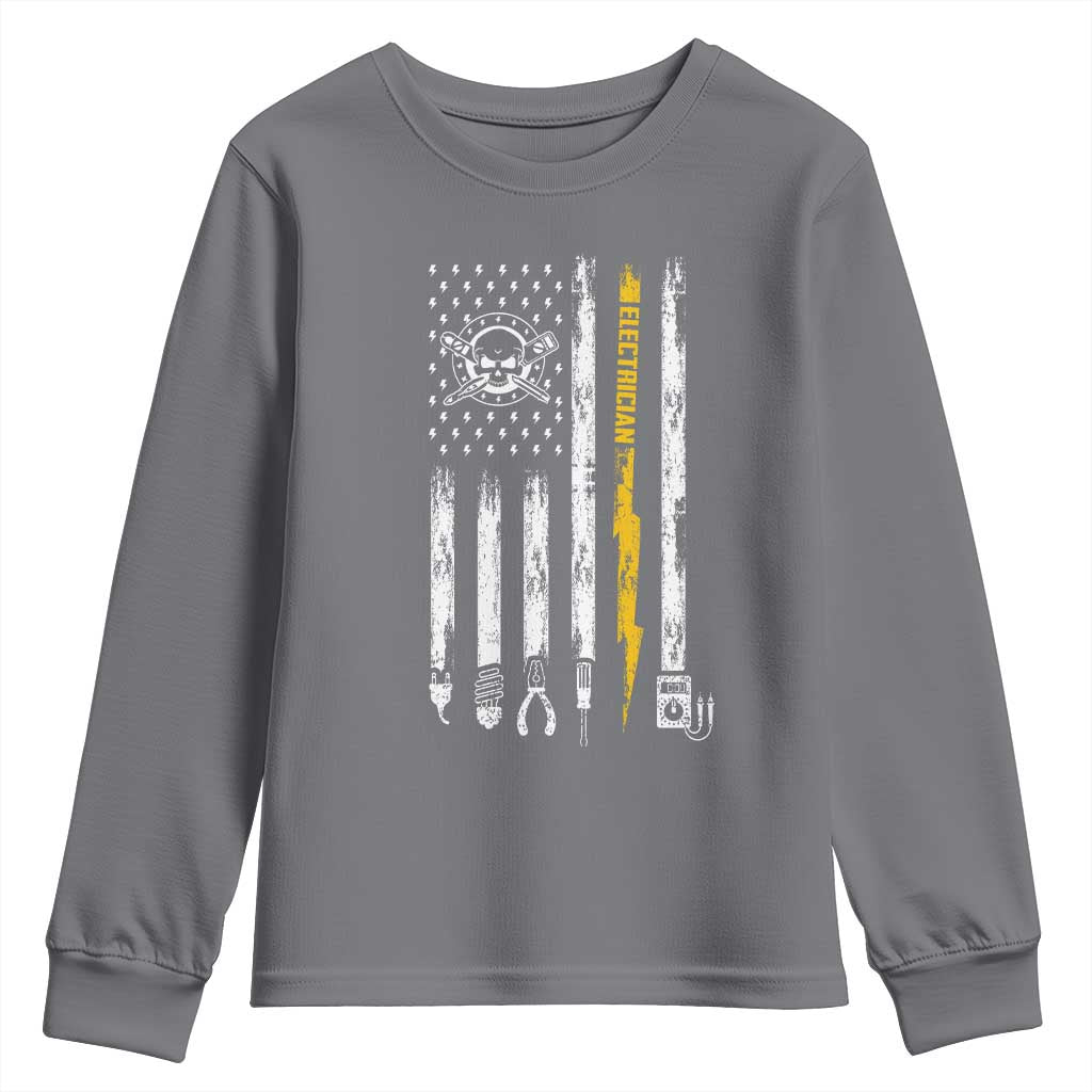 Electrician US Flag Youth Sweatshirt Tools for Electricians Skull Lightning Graphic