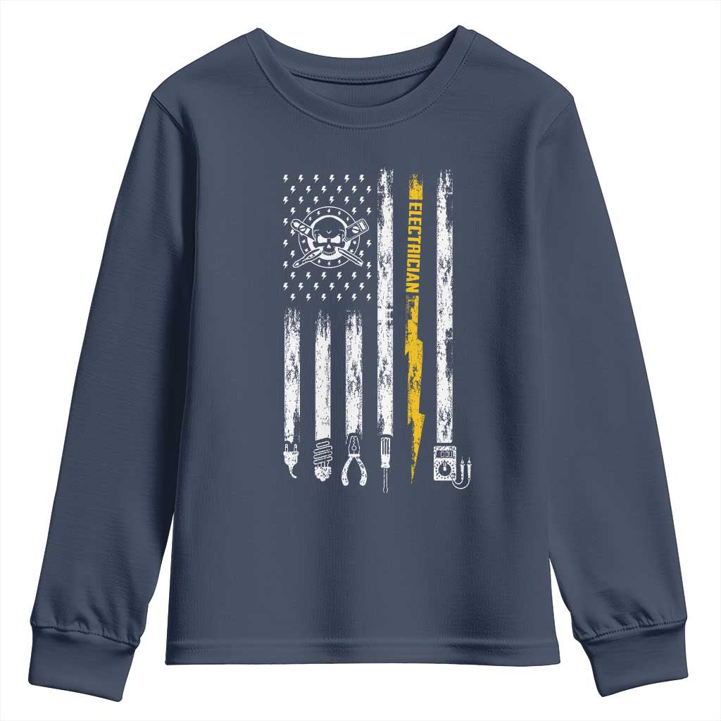 Electrician US Flag Youth Sweatshirt Tools for Electricians Skull Lightning Graphic