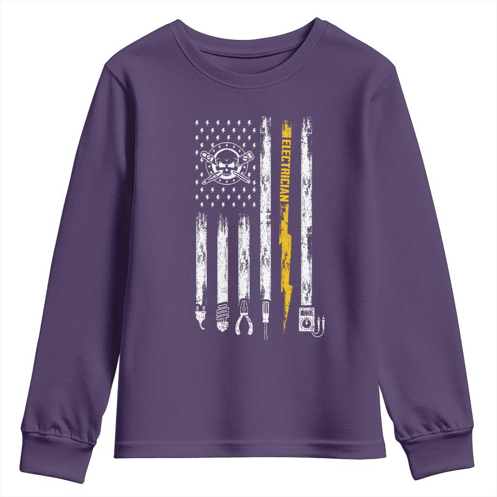 Electrician US Flag Youth Sweatshirt Tools for Electricians Skull Lightning Graphic