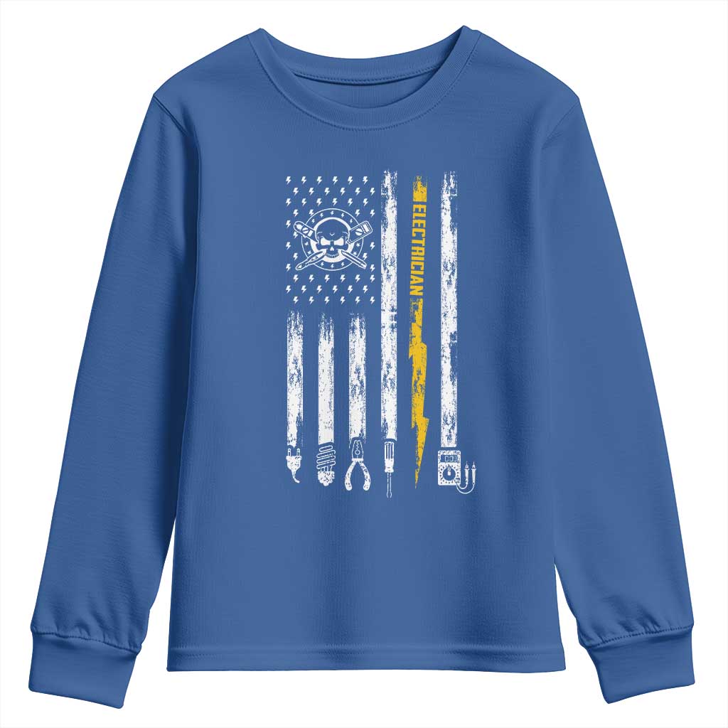 Electrician US Flag Youth Sweatshirt Tools for Electricians Skull Lightning Graphic