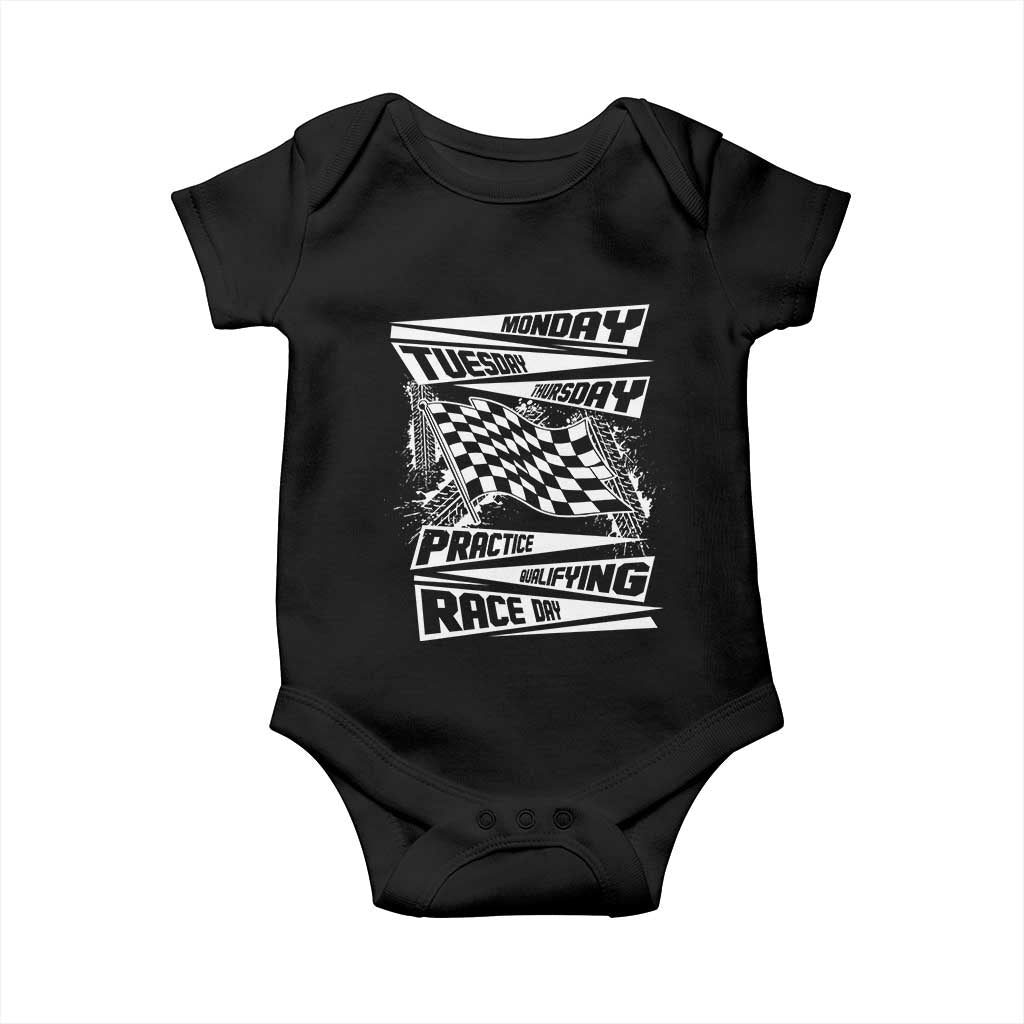 Monday Tuesday Thursday Practice Qualifying Race Day Baby Onesie Retro Vintage Watercolors Checkered Flag - Wonder Print Shop