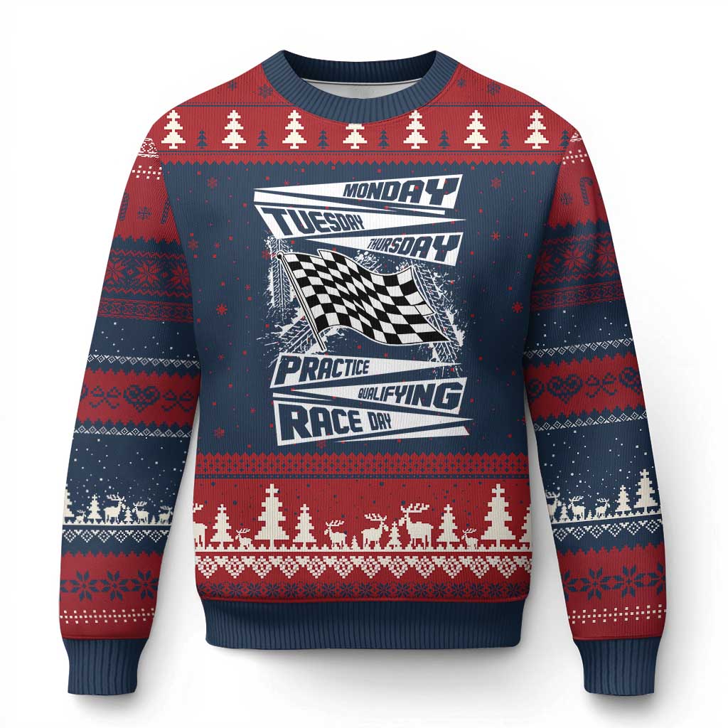 Monday Tuesday Thursday Practice Qualifying Race Day Ugly Christmas Sweater Retro Vintage Watercolors Checkered Flag - Wonder Print Shop