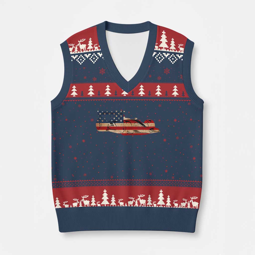 Racing Car V-Neck Knit Sweater Vest Retro Style Vintage American Flag - Wonder Print Shop
