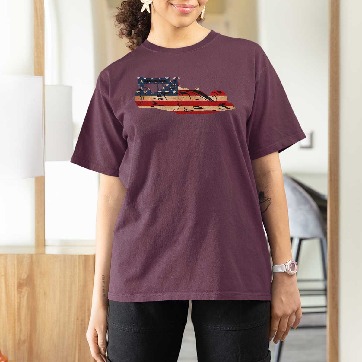 Racing Car T Shirt For Women Retro Style Vintage American Flag - Wonder Print Shop