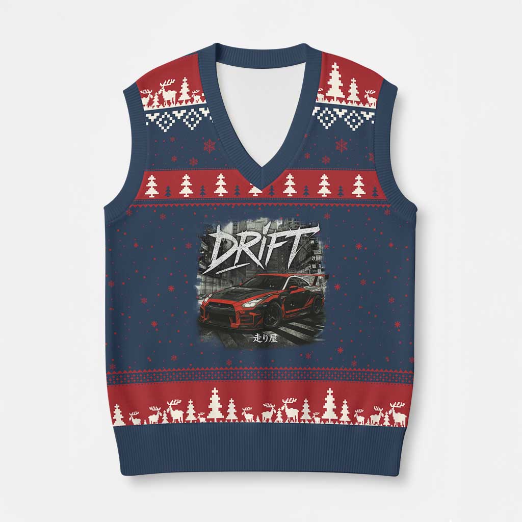 Vintage Japanese Drift Race Car V-Neck Knit Sweater Vest Retro Vintage JDM Tokyo Japan Drifting - Wonder Print Shop