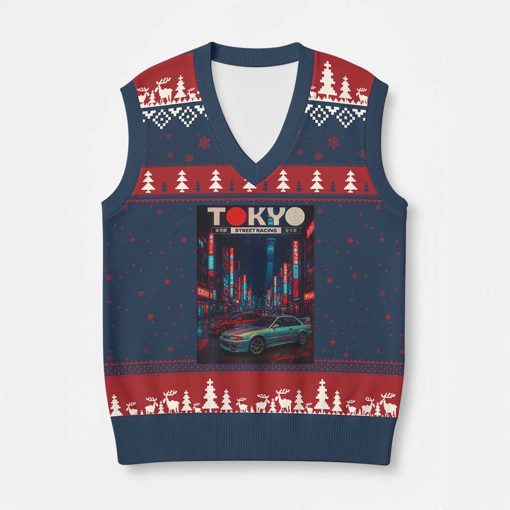 Distress JDM Tokyo Japan Drift Race Car V-Neck Knit Sweater Vest Retro Vintage Japanese Graphic - Wonder Print Shop