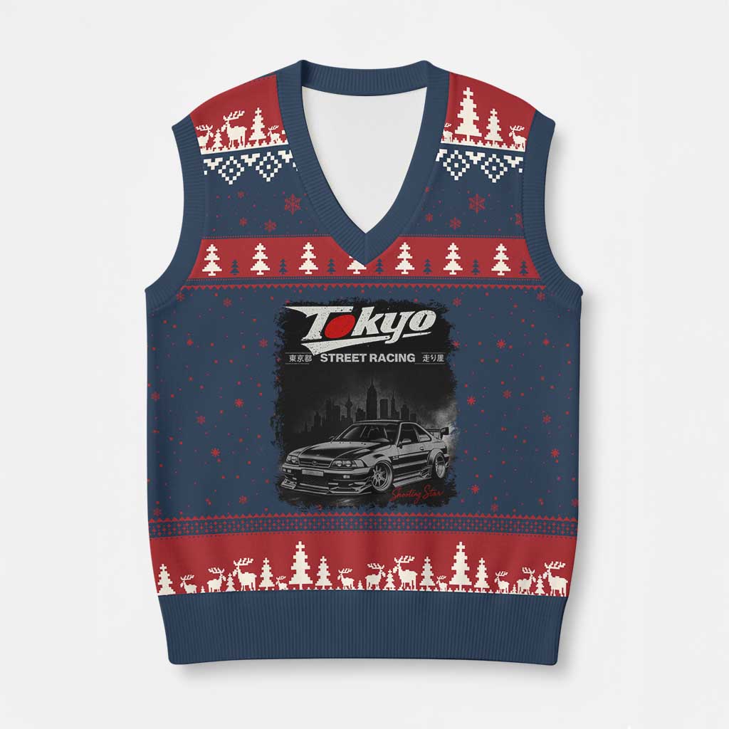 Retro JDM Drift Car V-Neck Knit Sweater Vest Japanese Tokyo Japan Drifting Race Car - Wonder Print Shop