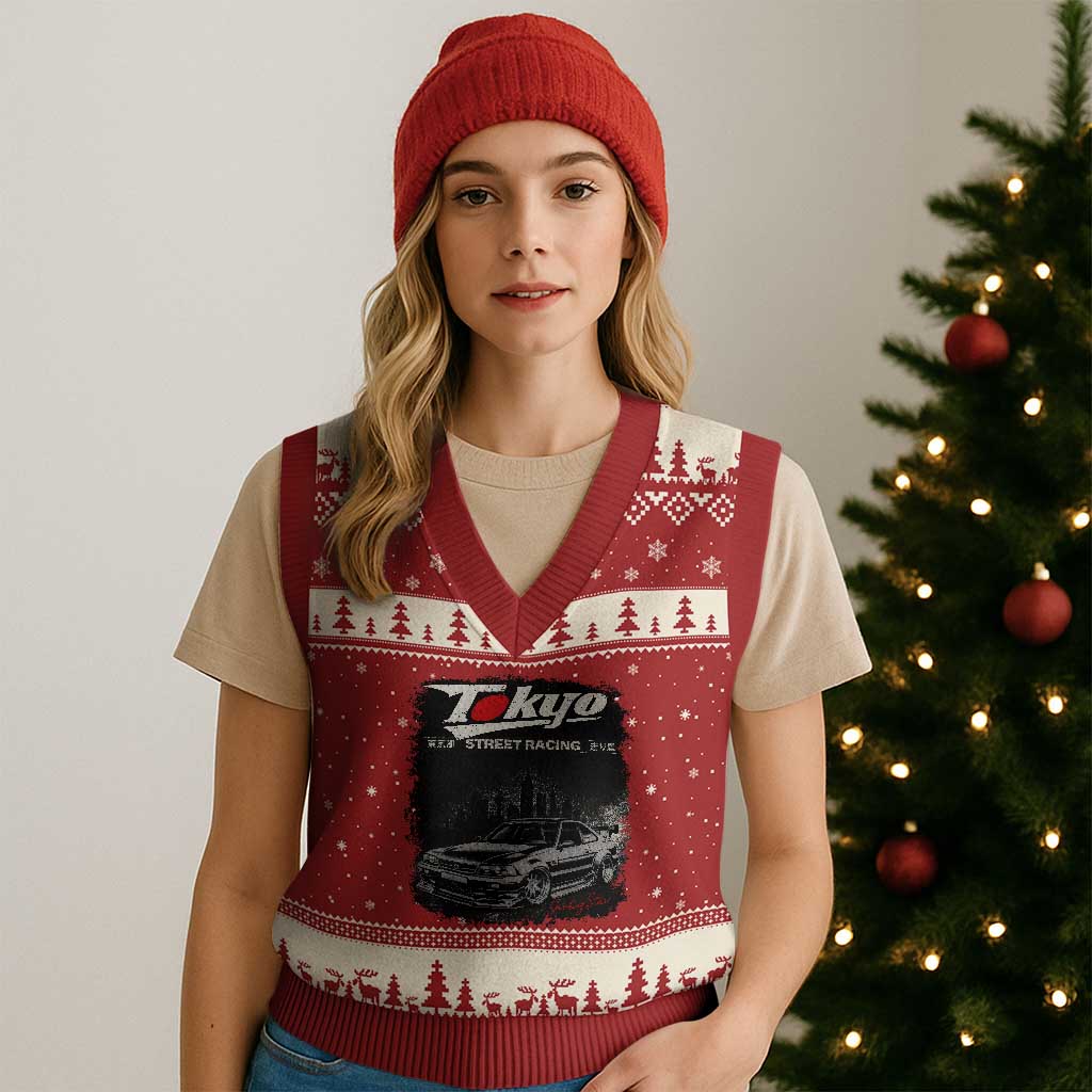 Retro JDM Drift Car V-Neck Knit Sweater Vest Japanese Tokyo Japan Drifting Race Car - Wonder Print Shop