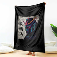 Japanese Mecha Robot Throw Blanket Samurai Inspired Futuristic Kanji Design