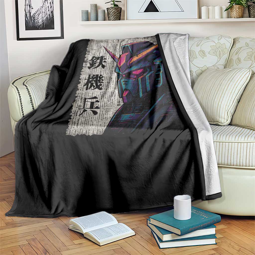 Japanese Mecha Robot Throw Blanket Samurai Inspired Futuristic Kanji Design