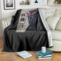 Japanese Mecha Robot Throw Blanket Samurai Inspired Futuristic Kanji Design