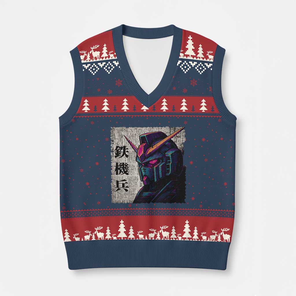 Japanese Mecha Robot V-Neck Knit Sweater Vest Samurai Inspired Futuristic Kanji Design